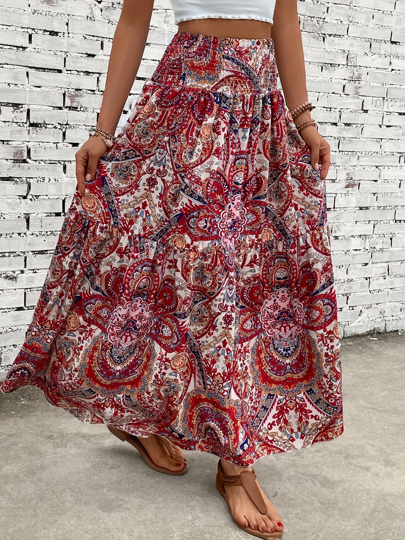 Paisley Print Shirred Waist Skirt for Women