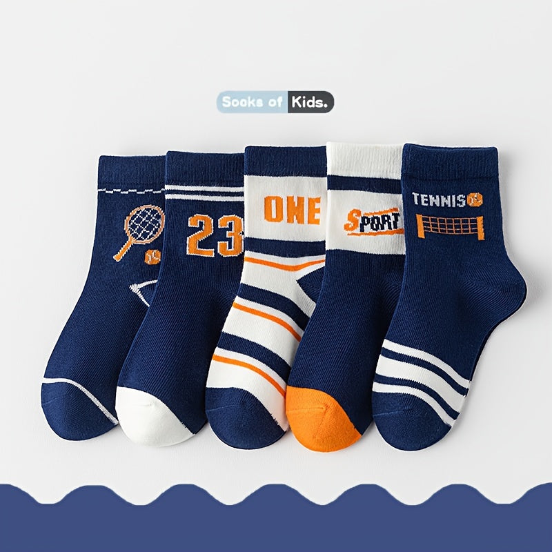 5 Pairs Boy's Letter Pattern Crew Socks Breathable Casual Style Unisex Socks