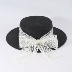 Lace Ribbon Bowknot Sun Hat Jazz Fedora Cap Straw Hat