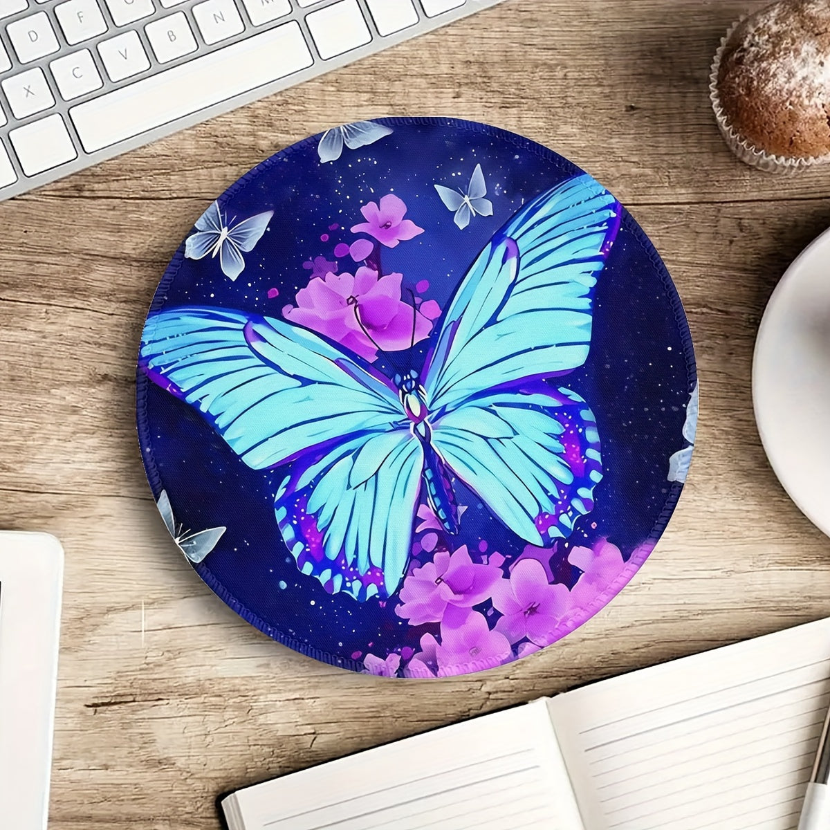Butterfly Pattern Mouse Pad Round Mouse Mat Non Slip Rubber Base Mousepad