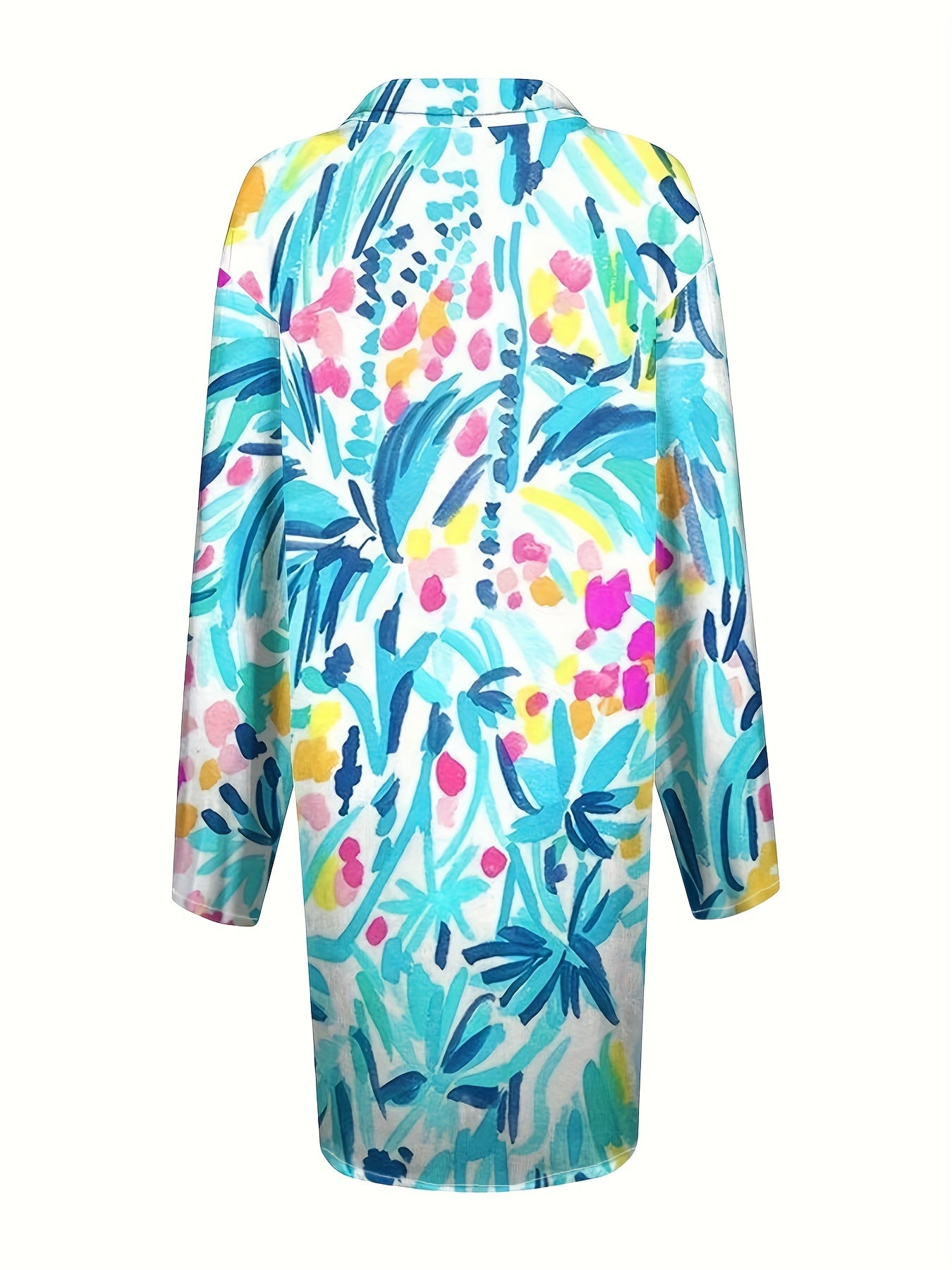 Abstract Print Button Up Long Sleeve Shirt Dress