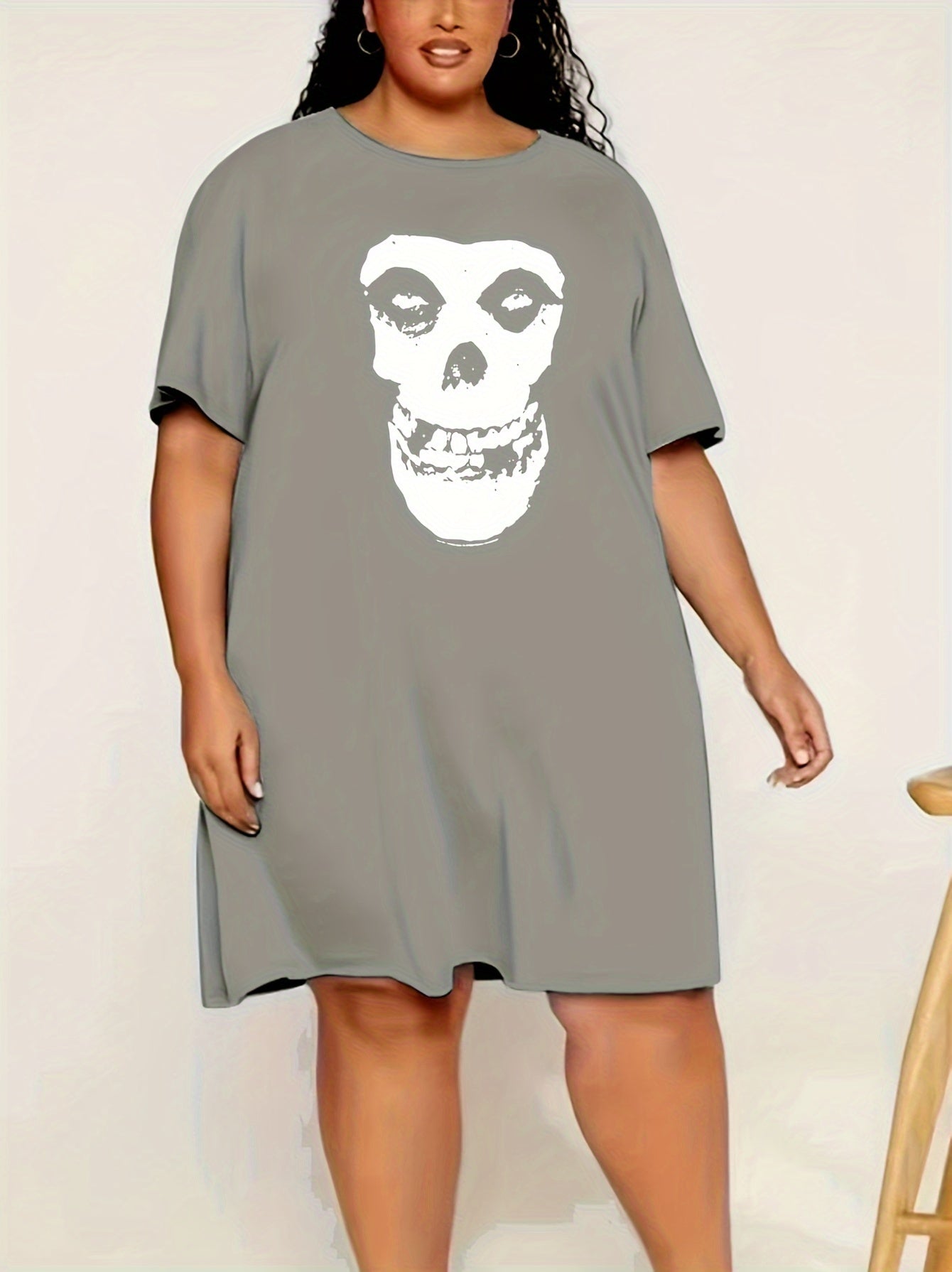 Skull Print Short Sleeve Round Neck Tee Sleep Dress