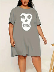 Skull Print Short Sleeve Round Neck Tee Sleep Dress