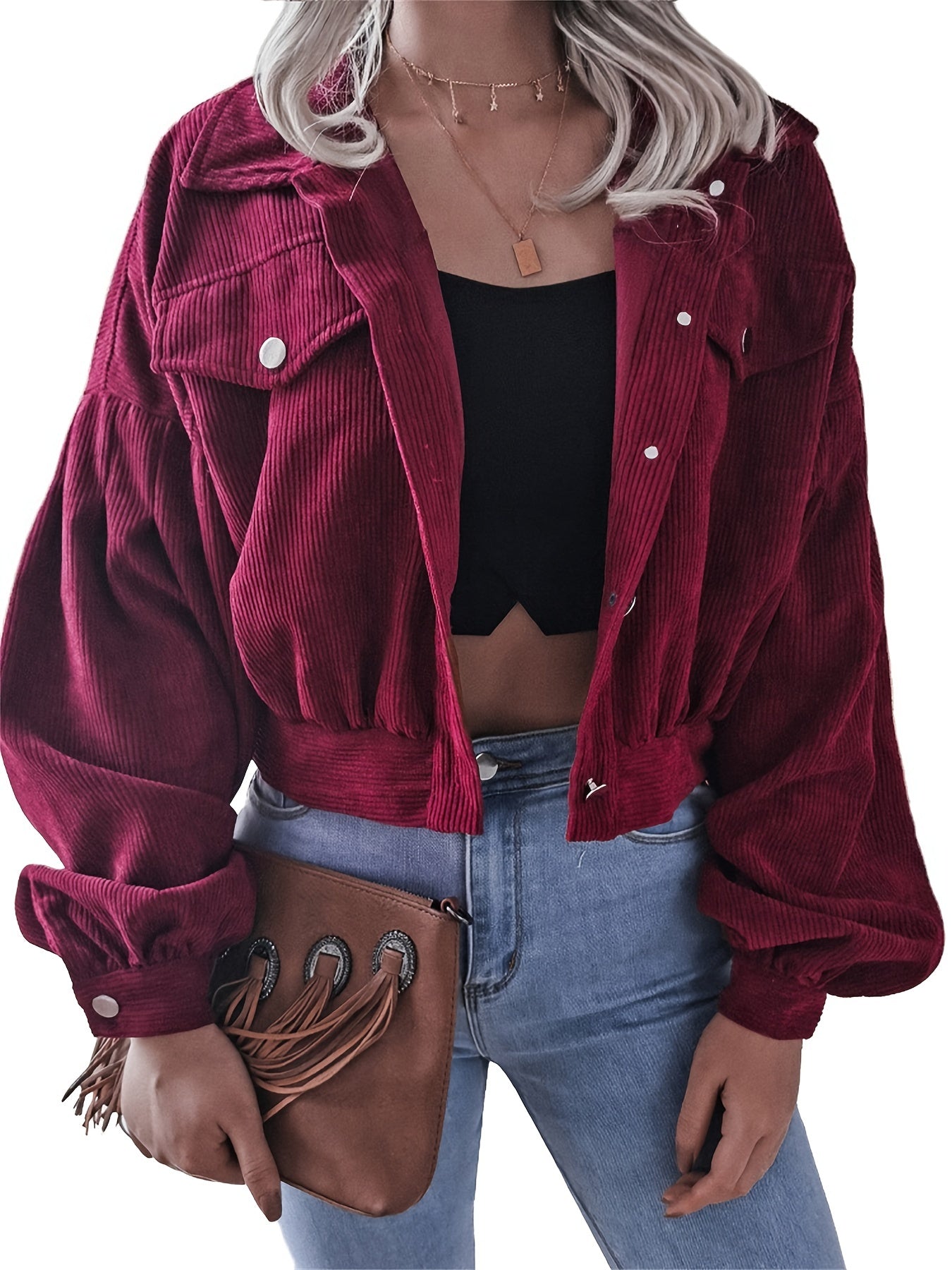 Corduroy Crop Jacket Long Sleeve for Fall & Winter Women's Clothing