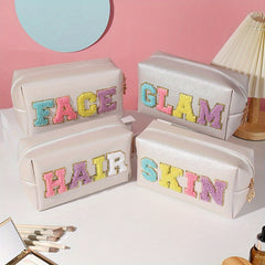 Preppy Makeup Bag Travel Toiletry Bag Letter Patch PU Leather Waterproof