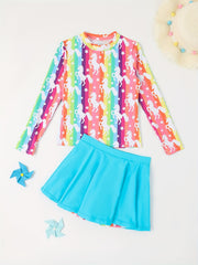Girls Rainbow Stripped Long Sleeve Top Skirt Bathing Suit Set Swimwear