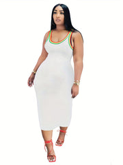 Casual Tank Dress Women's Plus Colorblock Rainbow Trim Round Neck