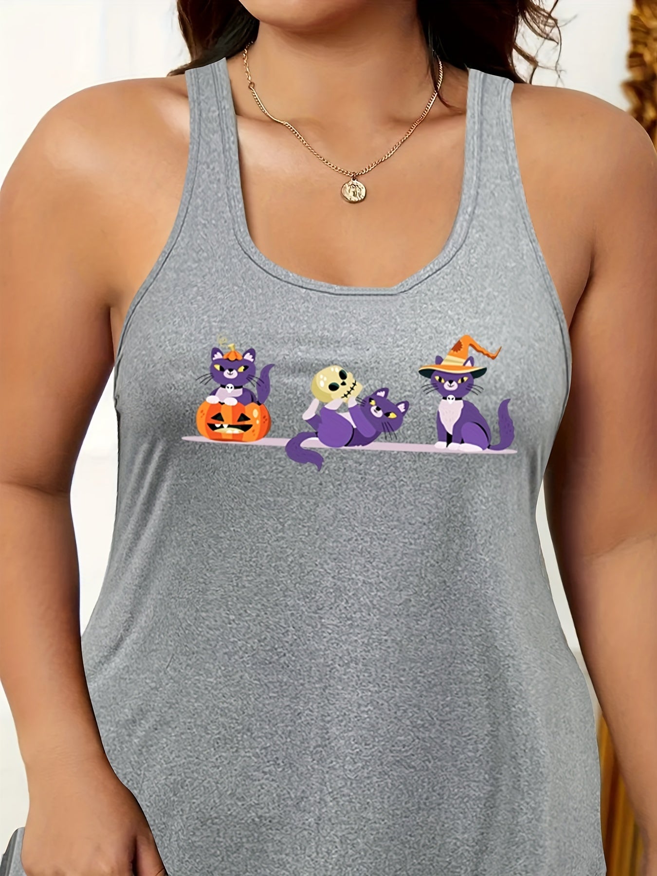 Cat & Pumpkin Print Round Neck Sleep Dress