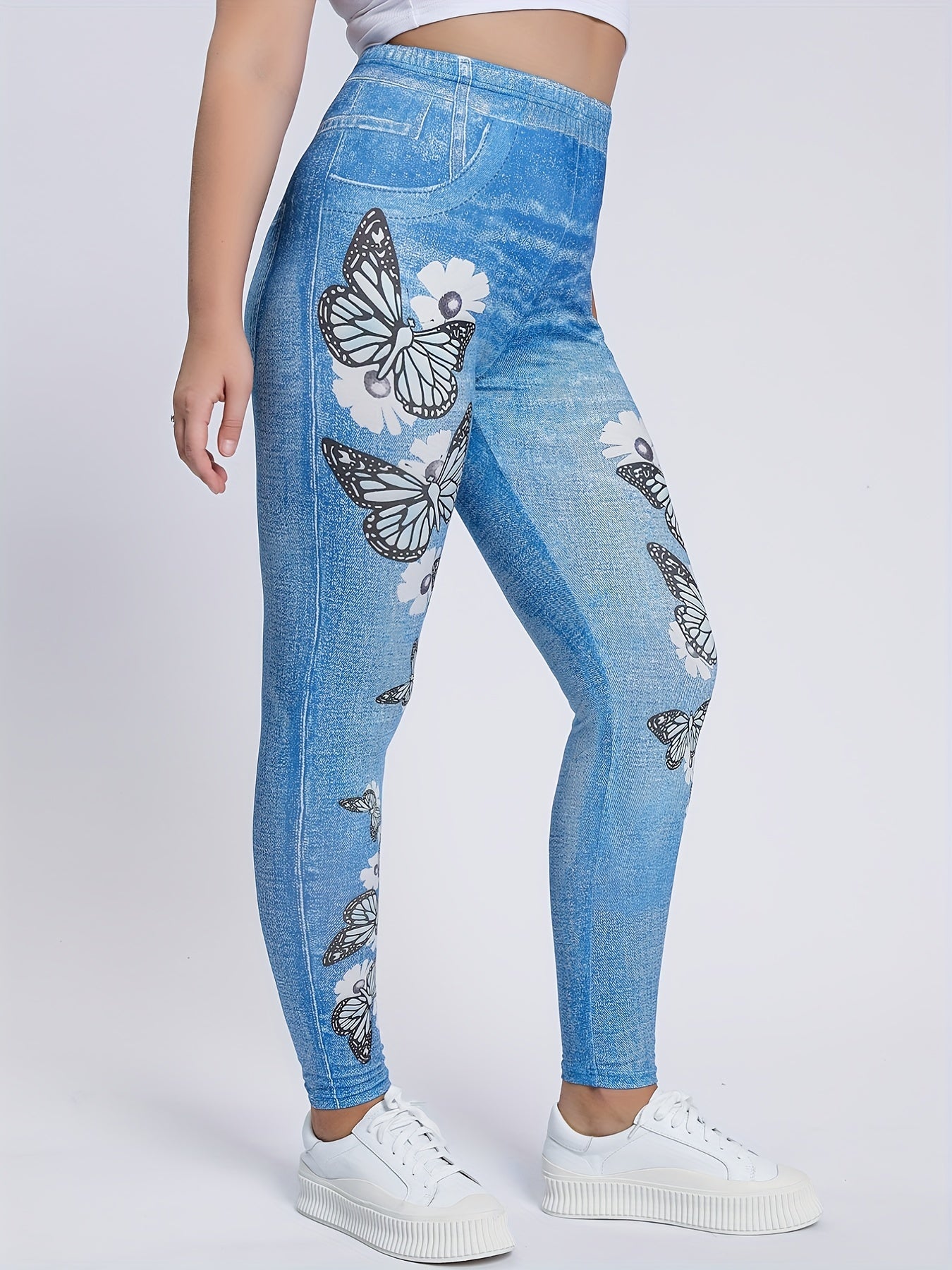 Butterflies & Denim Print Leggings High Waist Skinny Casual Pants