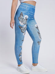 Butterflies & Denim Print Leggings High Waist Skinny Casual Pants