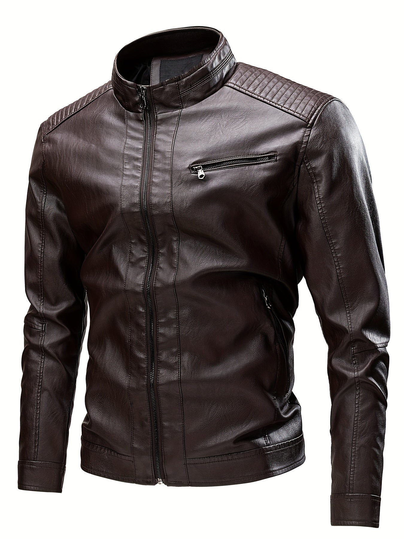Men's Vintage PU Leather Jacket Stand Collar Zip Up Faux Leather Jacket