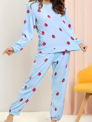 Leaves Print Pajama Set Long Sleeve Crew Neck Top & Elastic Waistband Pants