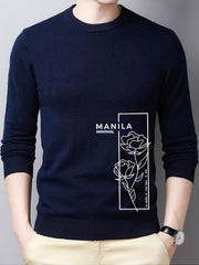 Rose Print Knitted Sweater Men's Crew Neck Pullover For Fall Winter
