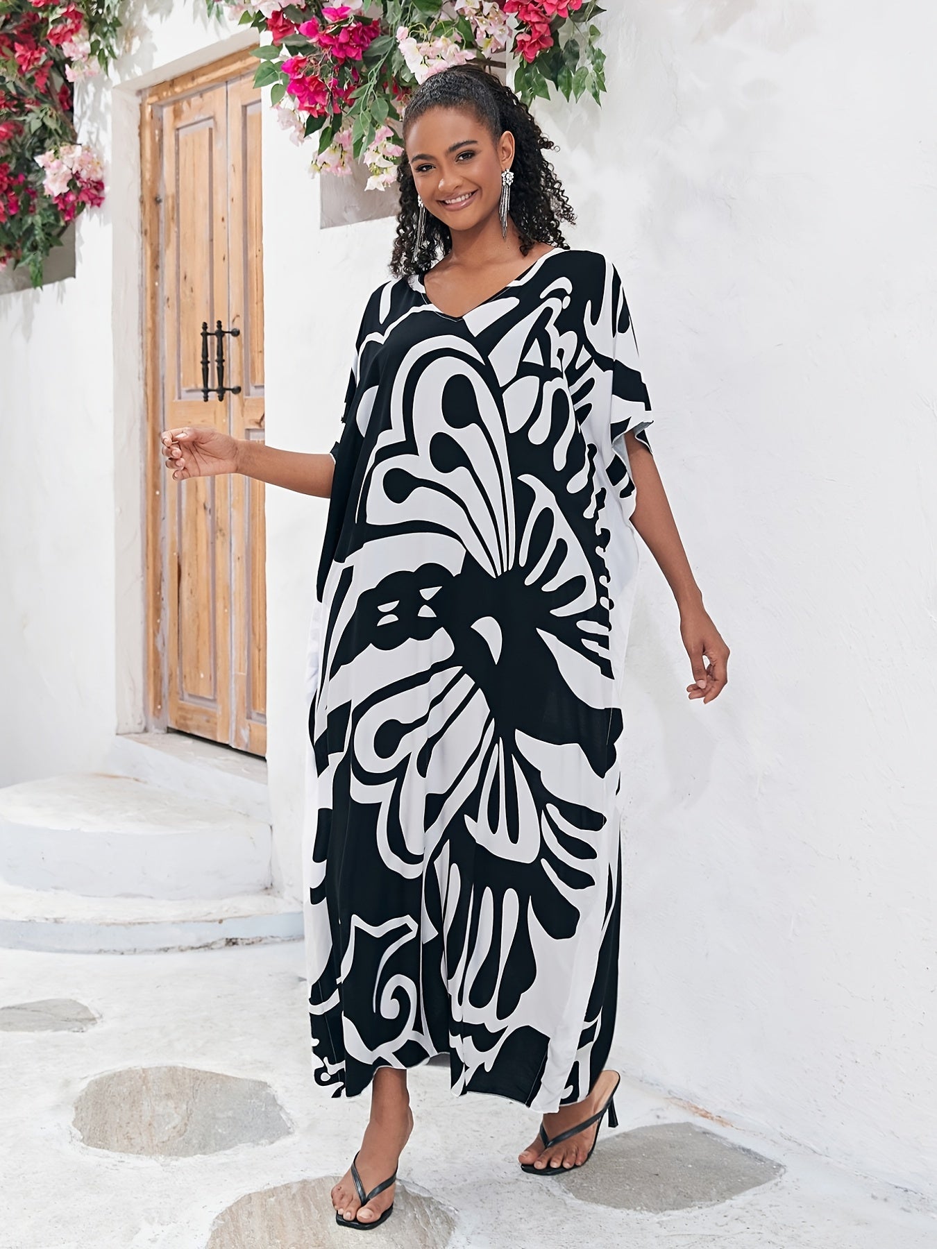 Plus Size Boho Kaftan Dress Women's Plus Butterfly Print V Neck Beachwear Maxi