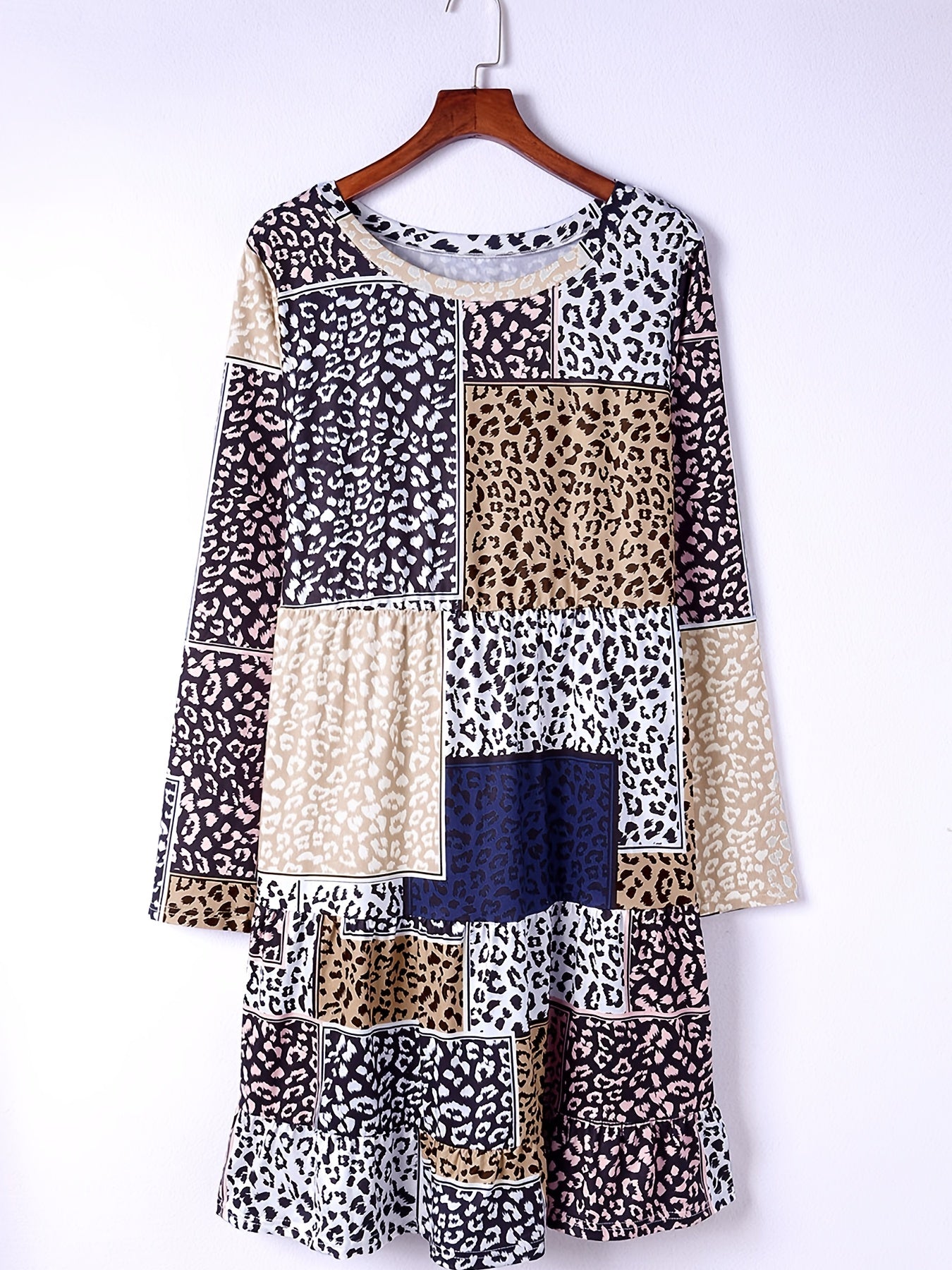 Casual Dress Women's Plus Colorblock Leopard Print Long Sleeve Dress