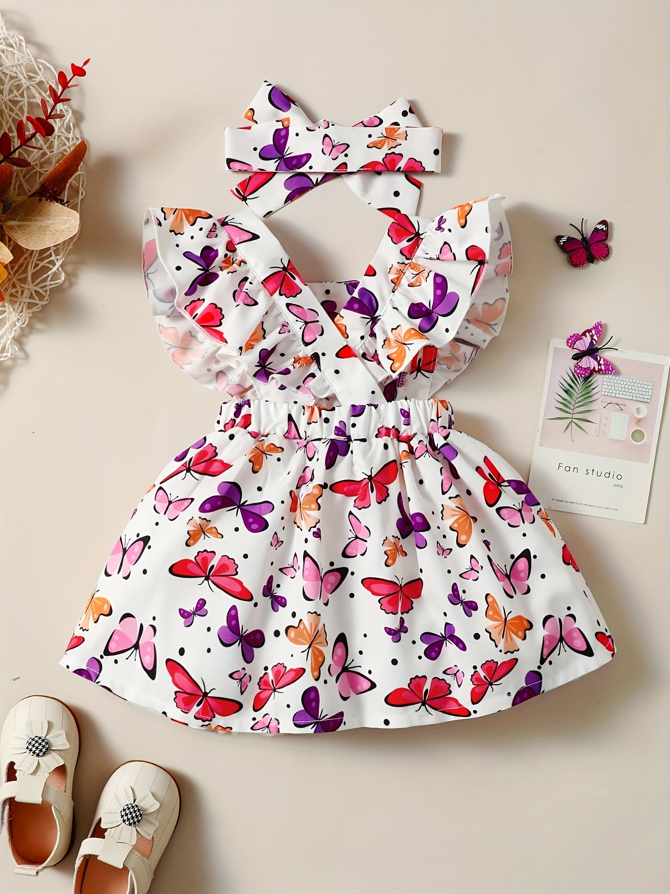 Toddler Girls Ruffle Trim Butterfly Graphic Princess Dress with Hairband