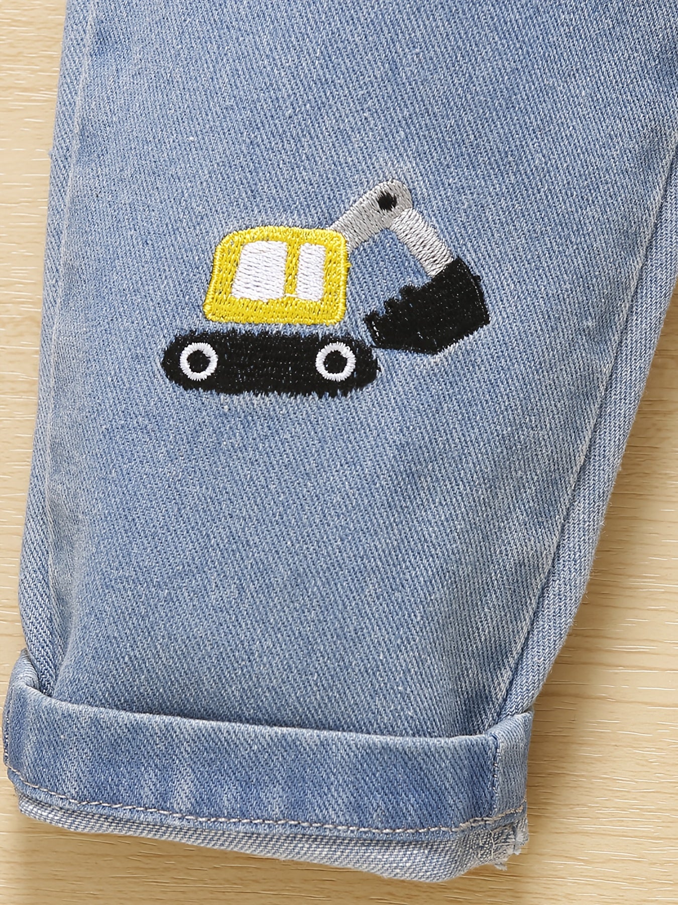Boys Cartoon Excavator Embroidered Denim Long Pants