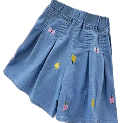 Girls Fruits Embroidered Print Denim Shorts Elastic Waist Loose Fit Shorts