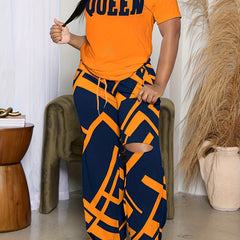 Casual Queen Print Top & Ripped Pants Set