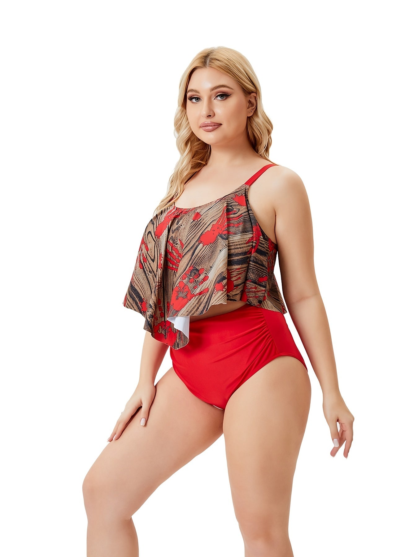 Colorblock High Waist Bikini Set Plus Size Boho Vacation Bathing Suit