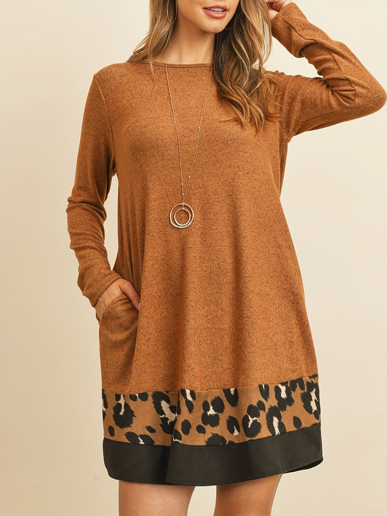Leopard Print Splicing Dress Long Sleeve Mini Dress Women's Clothing