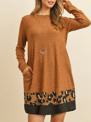 Leopard Print Splicing Dress Long Sleeve Mini Dress Women's Clothing