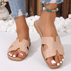 Women's Solid Slide Sandals Casual Flat Beach Shoes Lightweight