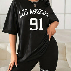 Letter Print Lounge Set Crew Neck Top & Elastic Waistband Shorts