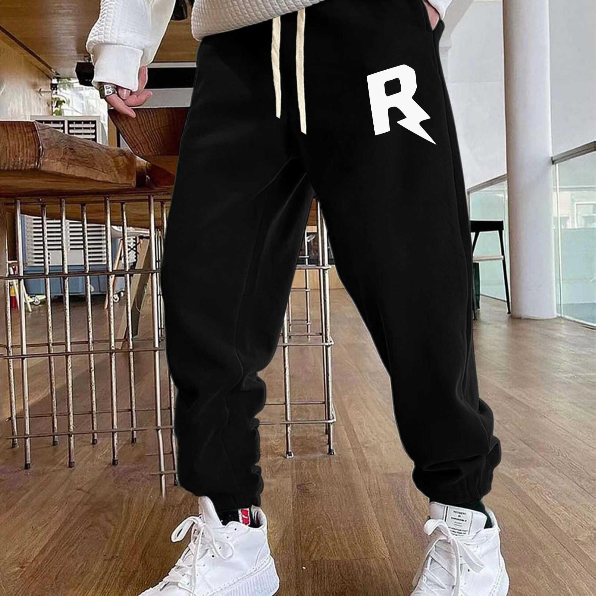 R Pattern Print Men's Pants Drawstring Comfy Active Stretch Trousers