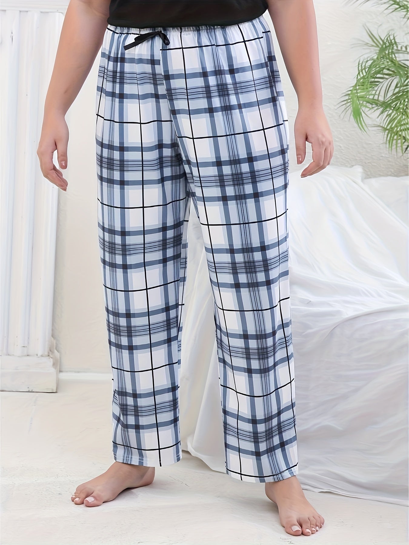 Plaid Print High Stretch Bow Pajama Pants