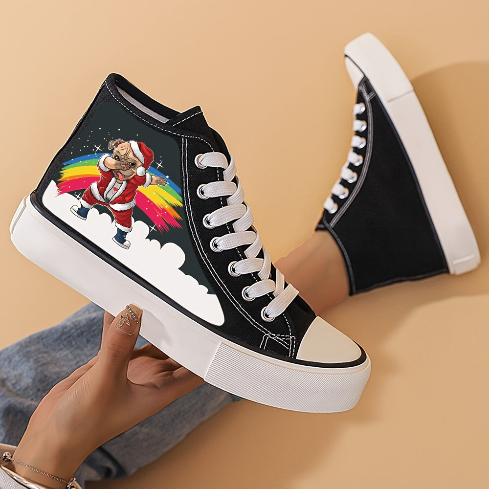 Christmas Puppy Print Flat Heighten Chunky Canvas Sneakers