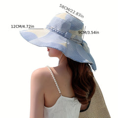 Striped Block Sun Hat Ribbon Bowknot Wide Brim Bucket Hat