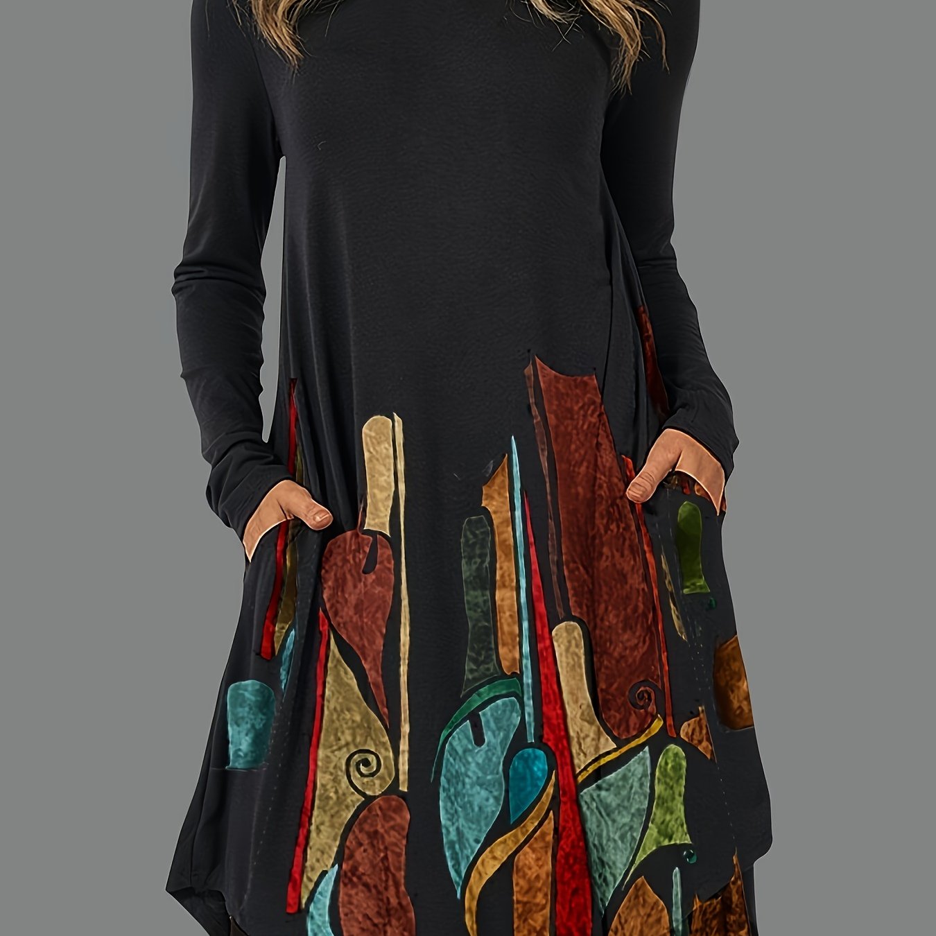 Graphic Print Long Sleeve Round Neck Dress With Pockets
