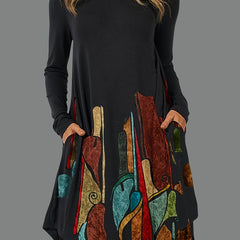 Graphic Print Long Sleeve Round Neck Dress With Pockets
