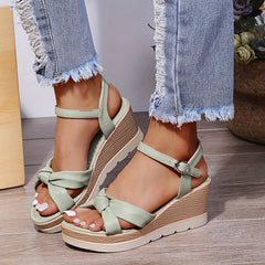 Women's Twist Knot Platform Wedge Sandals Open Toe Non Slip Ankle Buckle Heels