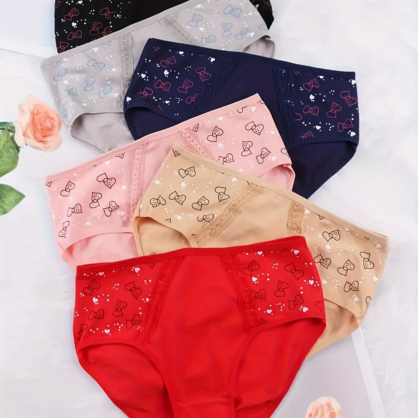 6pcs Heart Print Briefs Comfy & Breathable Intimates Panties
