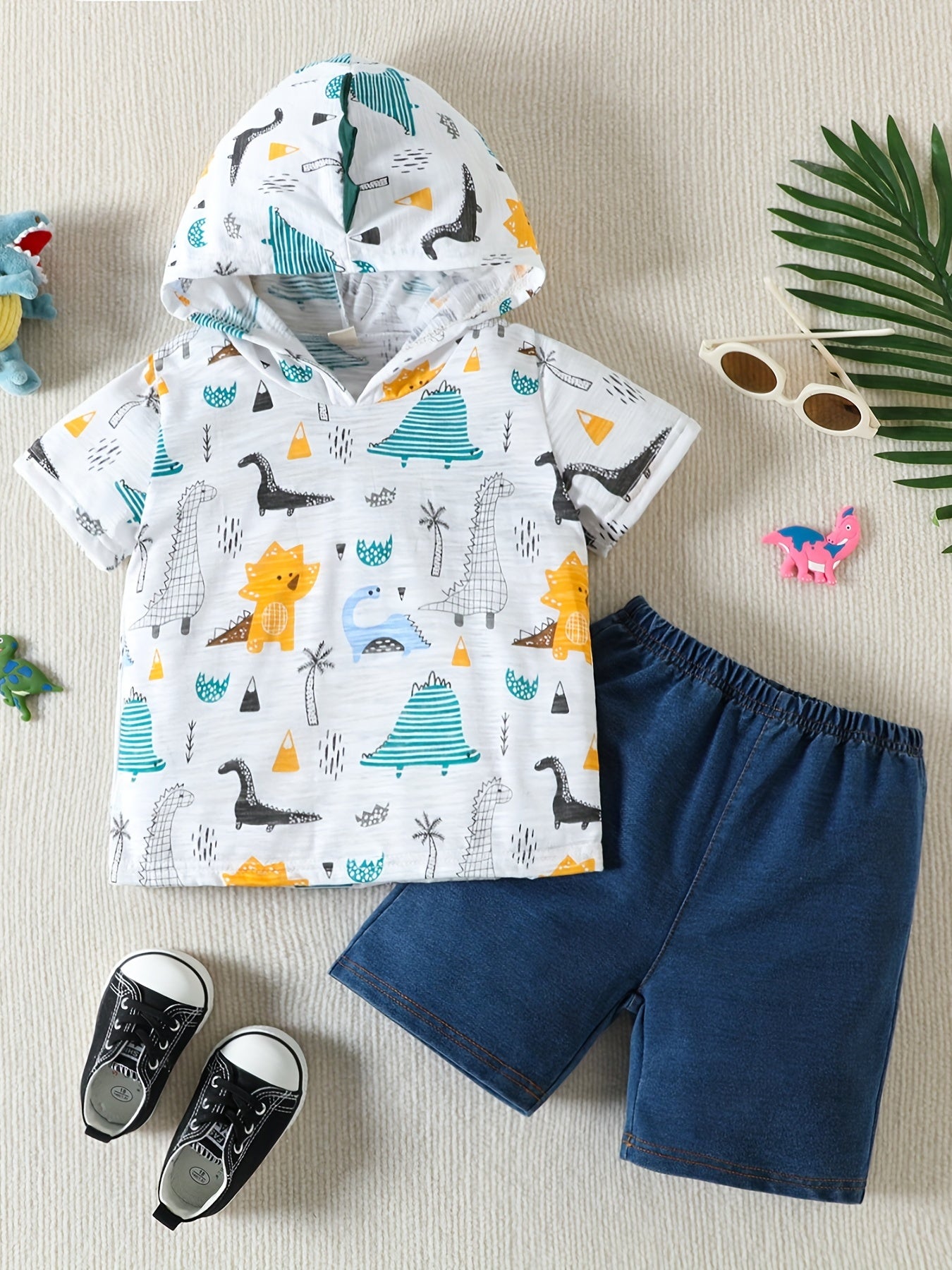 Boys Dino Print Hoodie & Denim Shorts Set