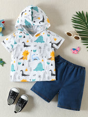 Boys Dino Print Hoodie & Denim Shorts Set
