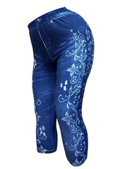Denim & Floral Print Skinny Capris Leggings for Women