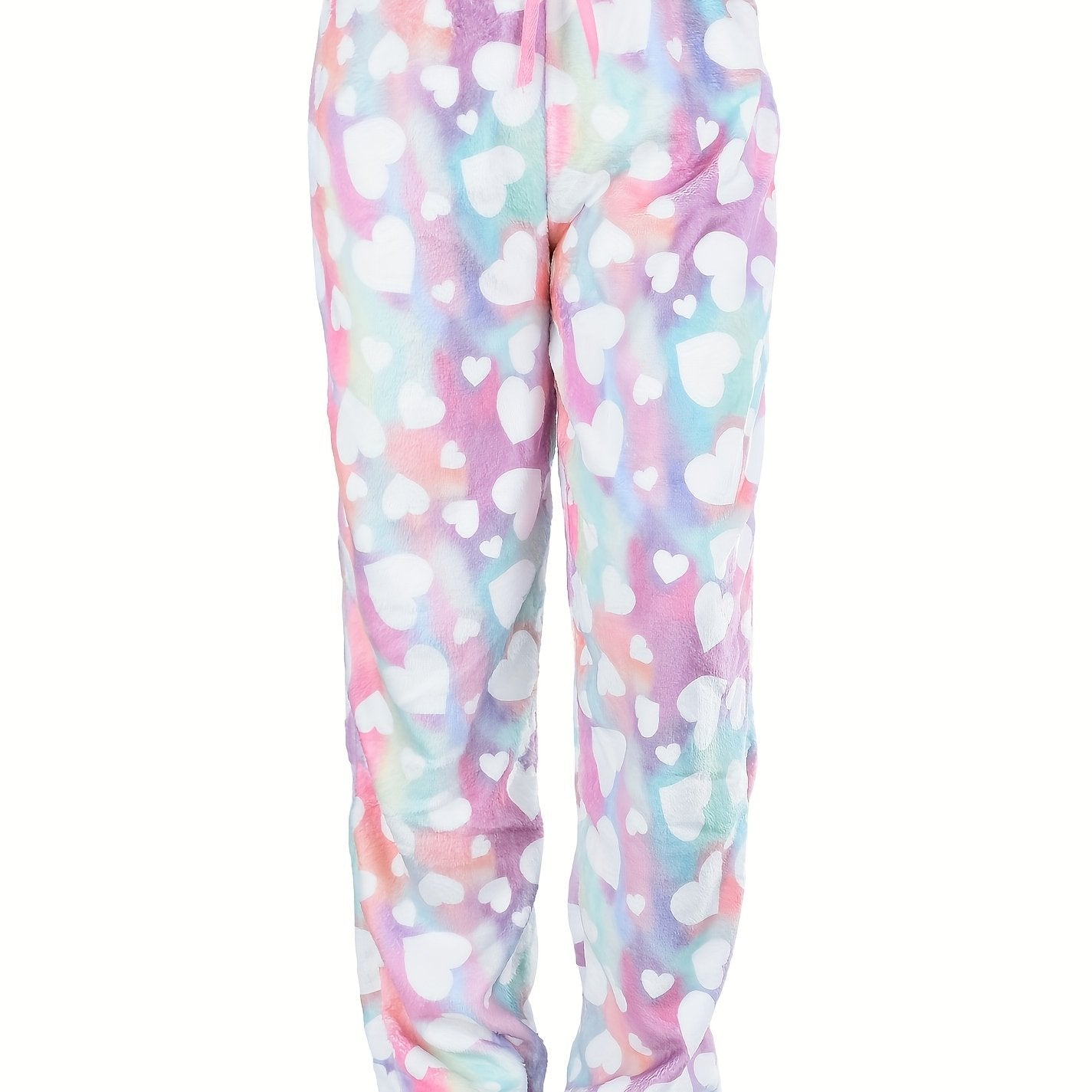 Heart Print Fuzzy Lounge Pants Lace Up Comfy Warm Womens Loungewear & Sleepwear