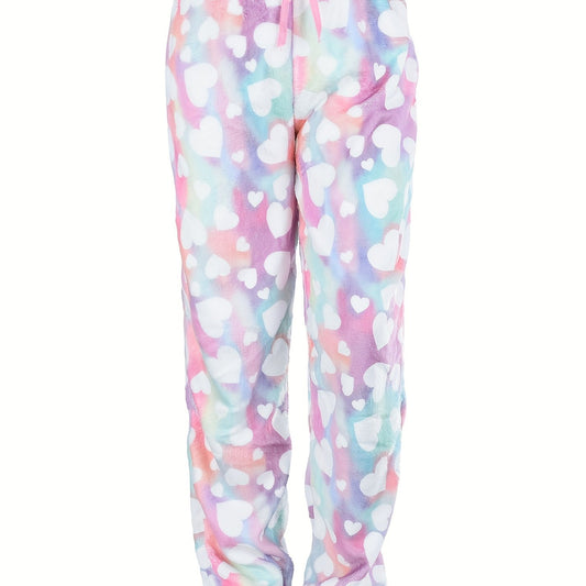 Heart Print Fuzzy Lounge Pants Lace Up Comfy Warm Womens Loungewear & Sleepwear
