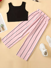 2pcs Toddler Girls Button Front Tank Tops & Vertical Stripes Belted Pants Set
