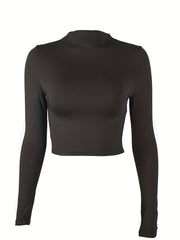 Solid Long Sleeve Sports Cropped Top Round Neck T-shirt Women's Tops