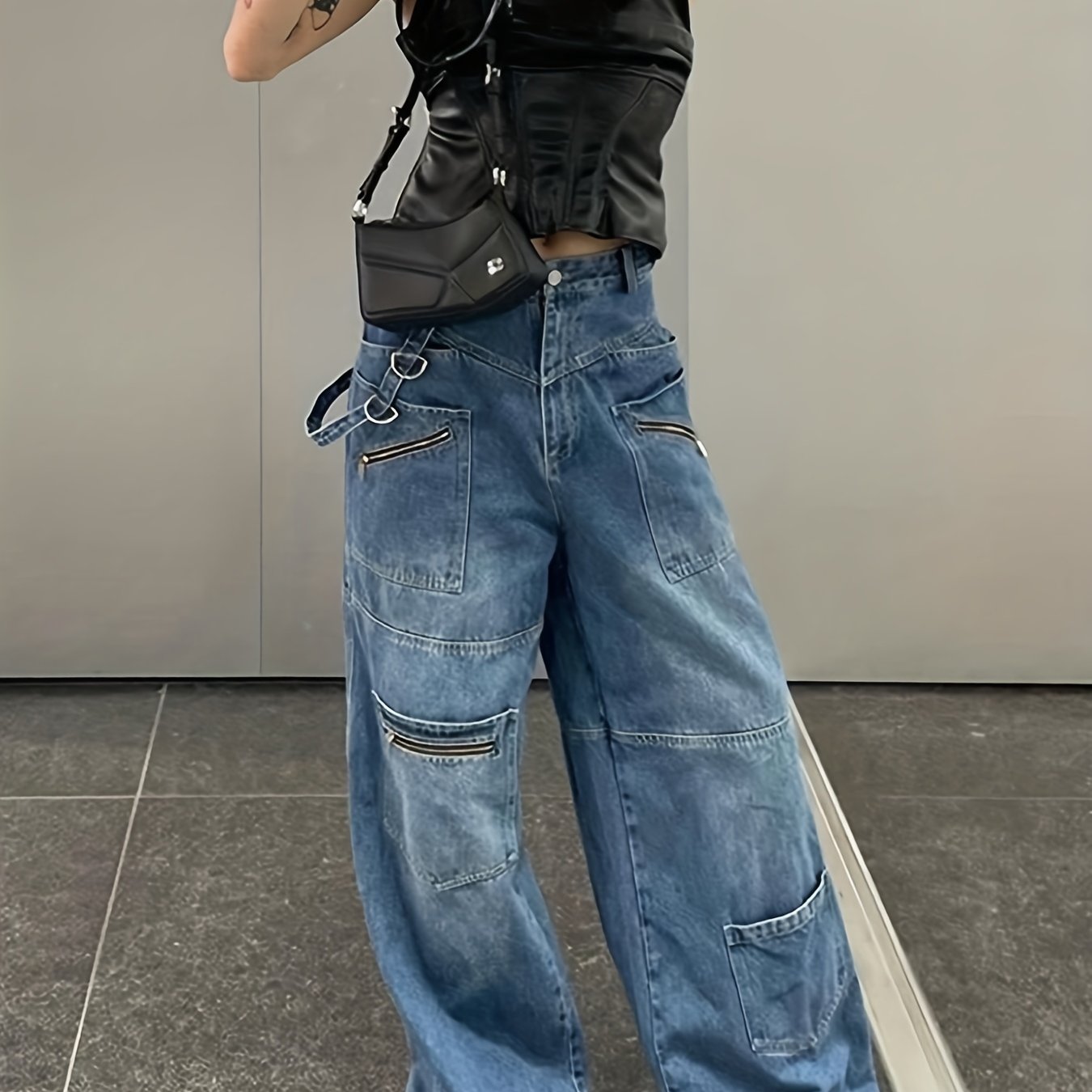 Baggy Wide Leg Jeans Zipper Pocket Denim Pants
