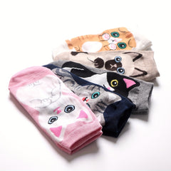 5 Pairs Girls Teen Cotton Blend Cat Ankle Socks, Spring Summer