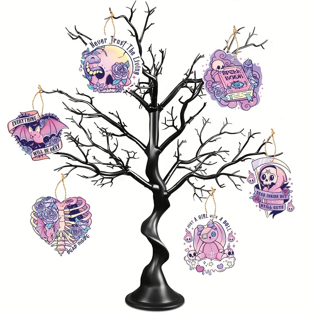 6Pcs Halloween Hanging Ornaments Pink Decor Skulls Bat Heart Bear Spiders