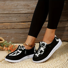 Women's Cow Graphic Patchwork Boat Shoes Lace Up Low Top Canvas Shoes