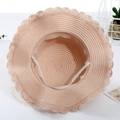 Girls Colorful Pompom Ball Straw Hat Wide Brim Sun Hat Beach Cap