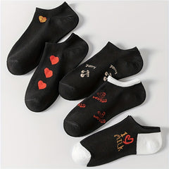 5 Pairs Heart & Letter Print Low Cut Ankle Socks Women's Stockings