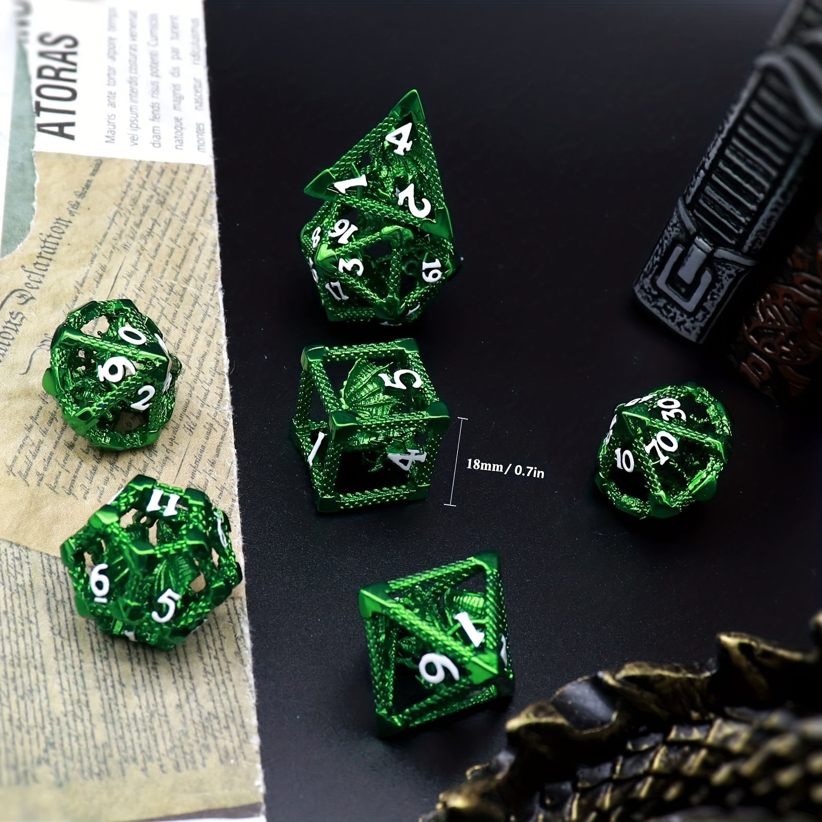 7pcs Antique Copper Flying Dragon Dice Set with Dice Storage Bag